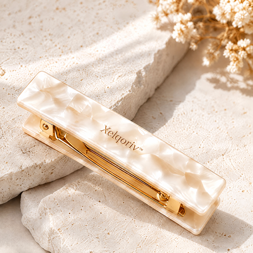 Xelqoriv™ French Hair Barrette – Shimmering Pearlescent Rectangle Hair Clip with Gold-Tone Clasp