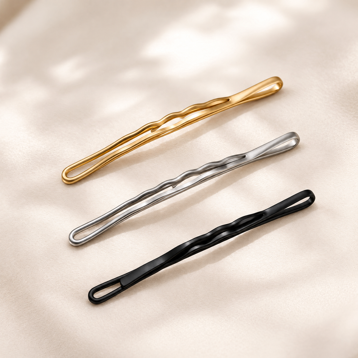 Xelqoriv™ 3-Piece Minimalist Matte Metal Bobby Pins – Non-Slip Wave Contoured Hair Styling Pins for Women &amp; Girls (Gold, Silver, Black)