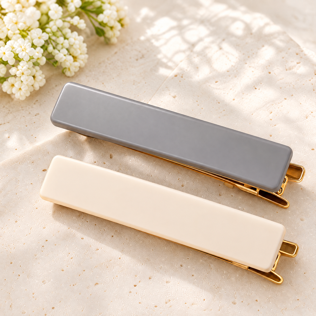 Xelqoriv™ 2-Piece Minimalist Rectangular Hair Clips – Elegant Gold-Tone French Barrette Set in Slate Gray &amp; Cream Nude