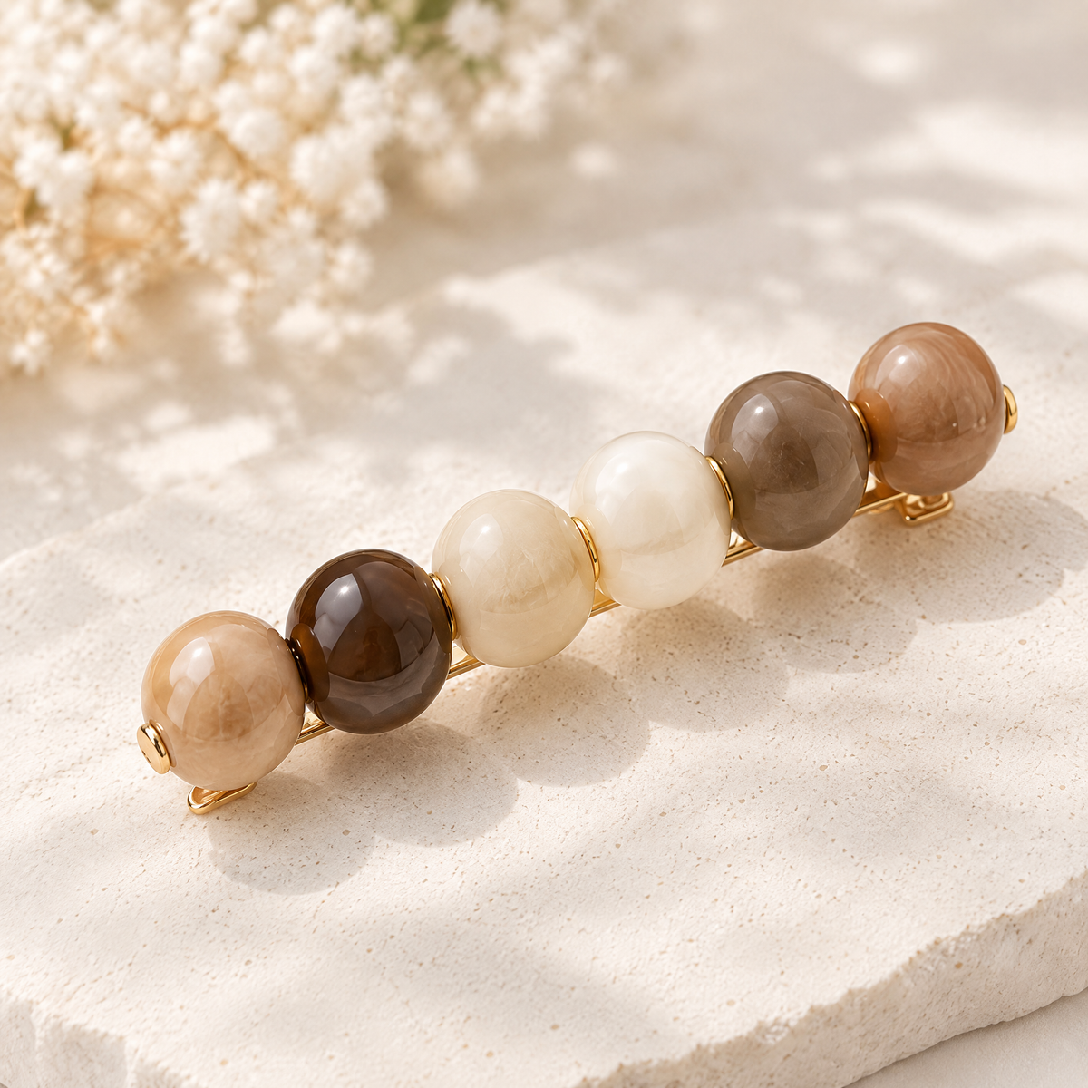 Xelqoriv™ French Chic Marble Resin Bead Hair Barrette – Elegant Earth-Tone Statement Hair Clip for Women