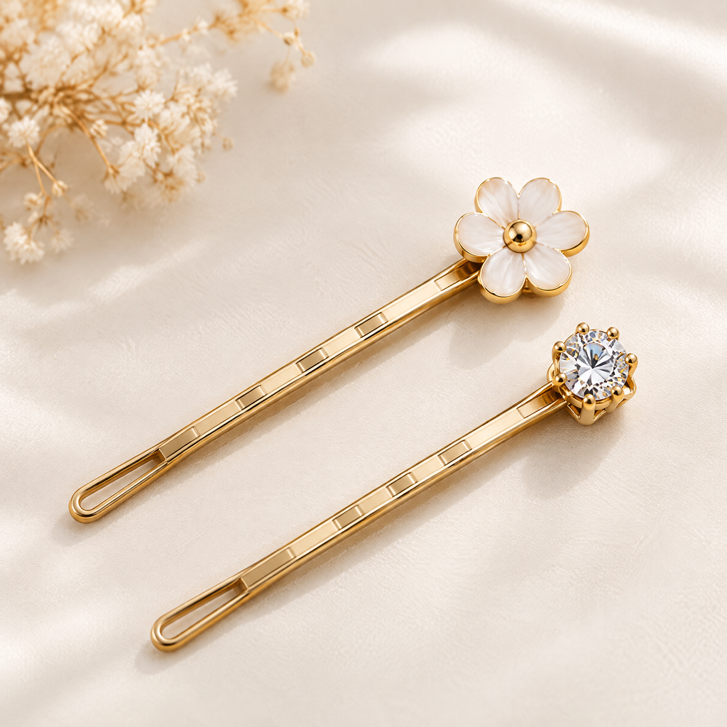 Xelqoriv™ 2-Piece Gold Floral Blossom &amp; Solitaire Crystal Bobby Pin Set