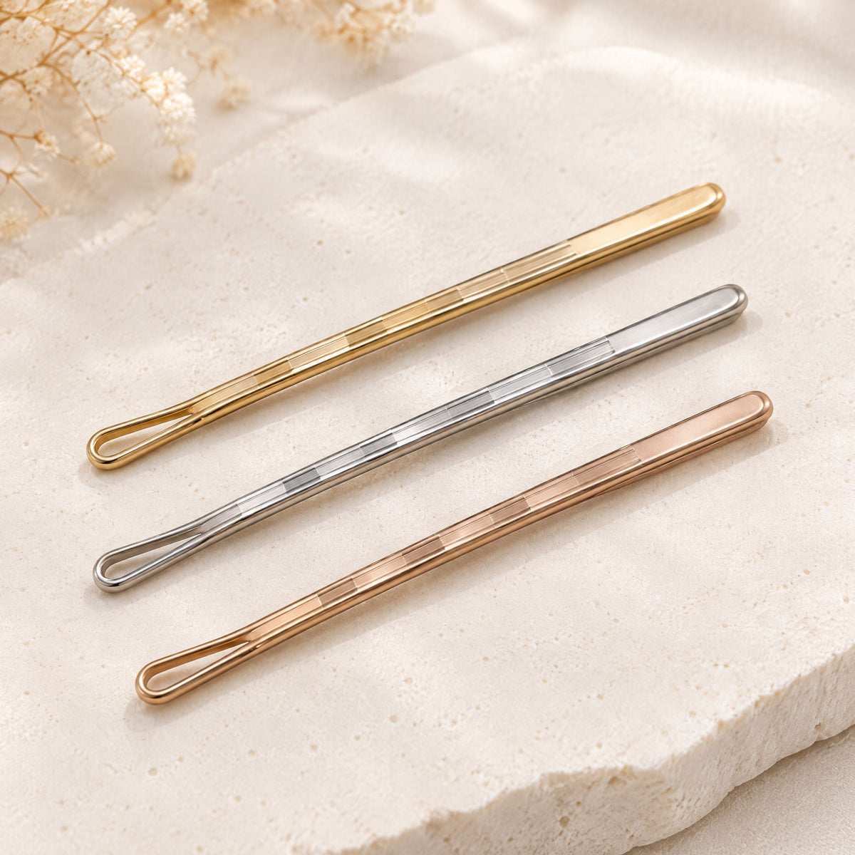 Xelqoriv™ 3-Piece Minimalist Textured Metal Bobby Pins Set – Sleek Geometric Hair Slides in Gold, Silver &amp; Rose Gold