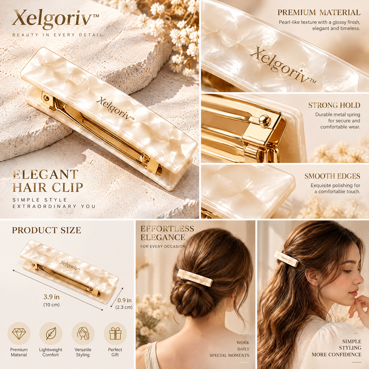Xelqoriv™ French Hair Barrette – Shimmering Pearlescent Rectangle Hair Clip with Gold-Tone Clasp