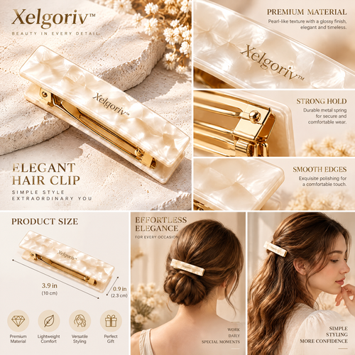 Xelqoriv™ French Hair Barrette – Shimmering Pearlescent Rectangle Hair Clip with Gold-Tone Clasp
