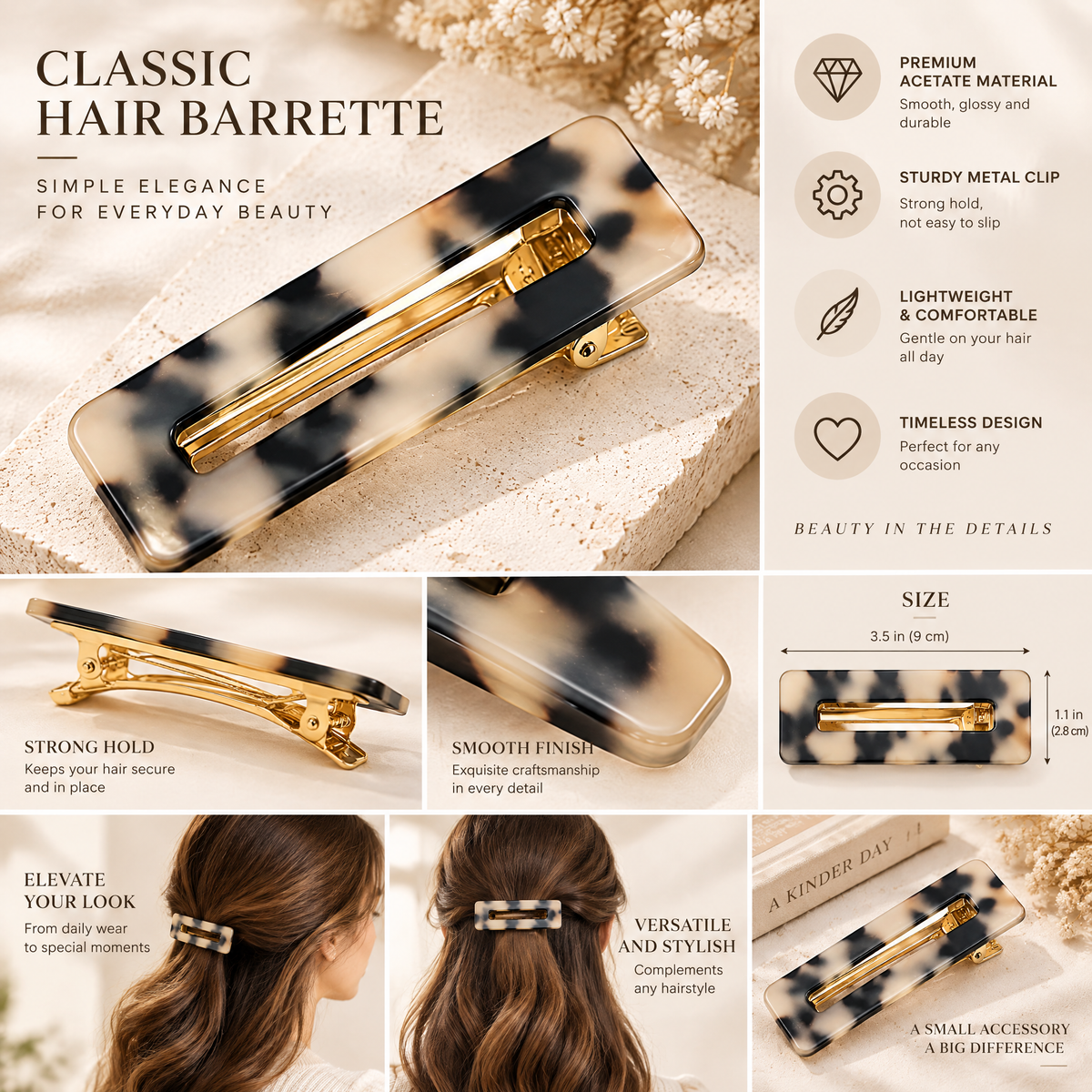 Xelqoriv™ Vintage Tortoise Shell Hair Clip – Minimalist Hollow Rectangle Acetate Barrette with Gold-Tone Alligator Clasp for Women