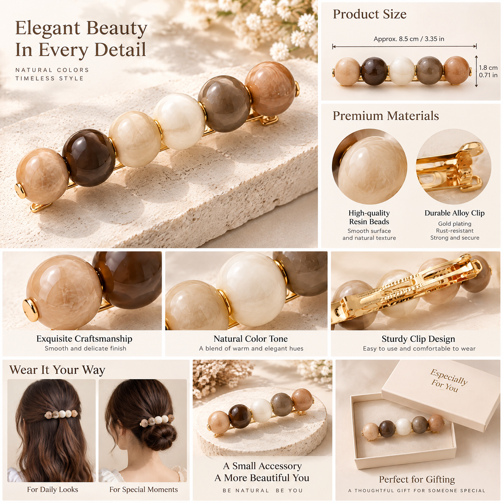 Xelqoriv™ French Chic Marble Resin Bead Hair Barrette – Elegant Earth-Tone Statement Hair Clip for Women