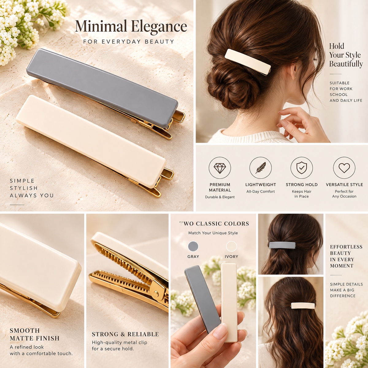 Xelqoriv™ 2-Piece Minimalist Rectangular Hair Clips – Elegant Gold-Tone French Barrette Set in Slate Gray &amp; Cream Nude