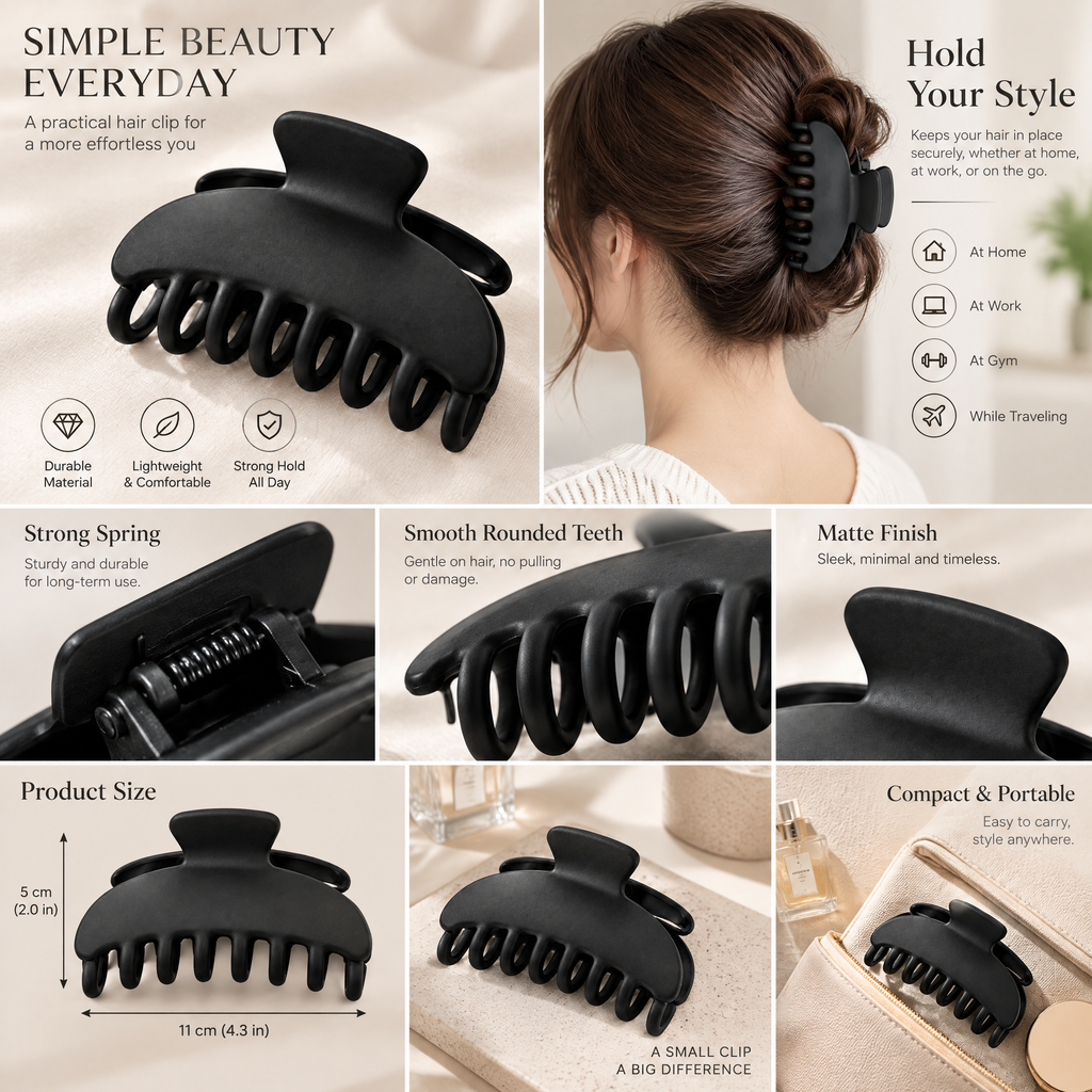 Xelqoriv™ Matte Black Curved Hair Claw Clip – Large Non-Slip French Jaw Clip for Thick &amp; Medium Hair