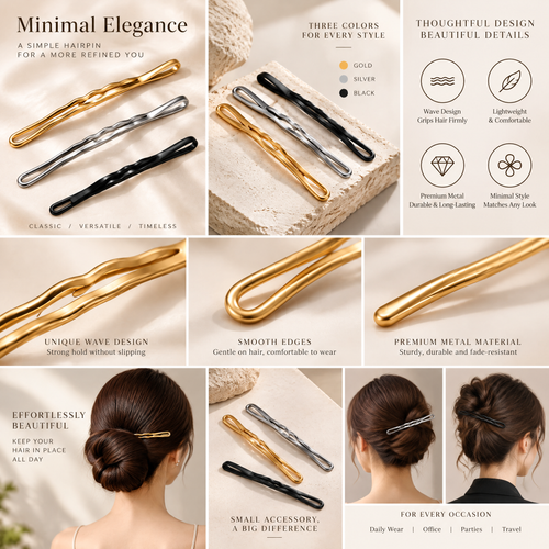 Xelqoriv™ 3-Piece Minimalist Matte Metal Bobby Pins – Non-Slip Wave Contoured Hair Styling Pins for Women &amp; Girls (Gold, Silver, Black)