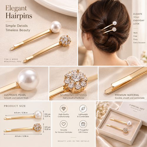 Xelqoriv™ 2-Piece Gold Bobby Pin Set with Faux Pearl &amp; Sparkling Crystal Flower Accents