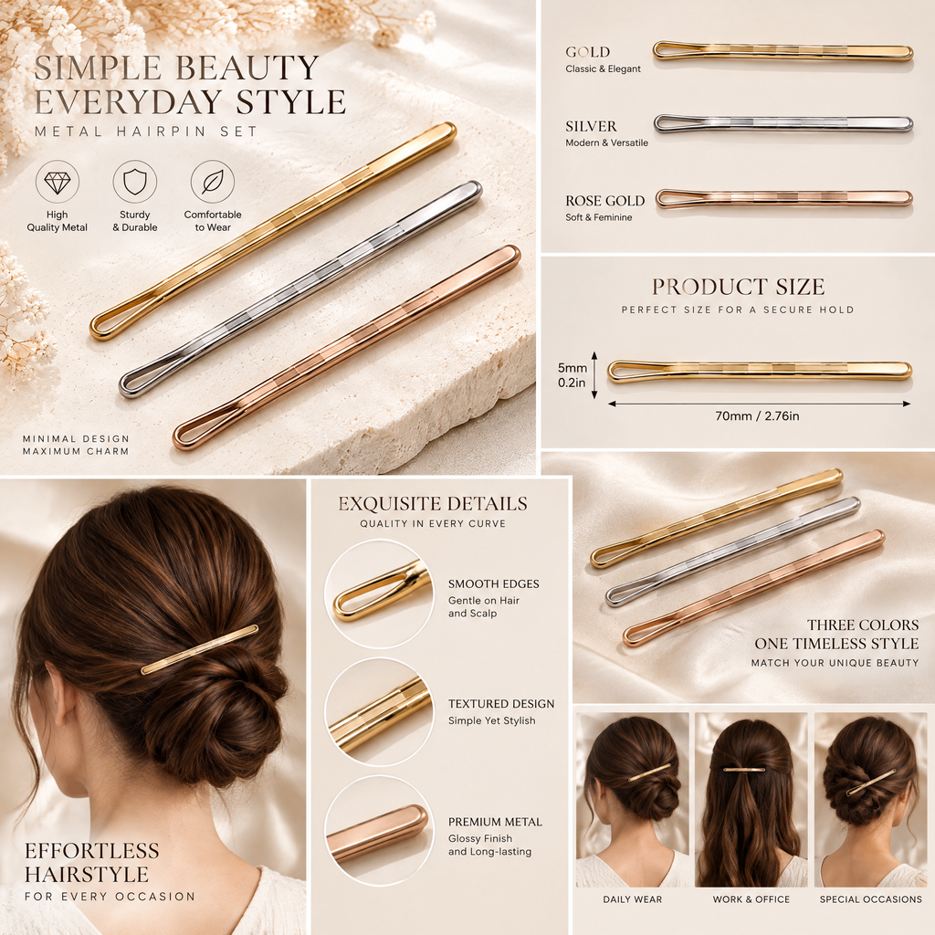 Xelqoriv™ 3-Piece Minimalist Textured Metal Bobby Pins Set – Sleek Geometric Hair Slides in Gold, Silver &amp; Rose Gold