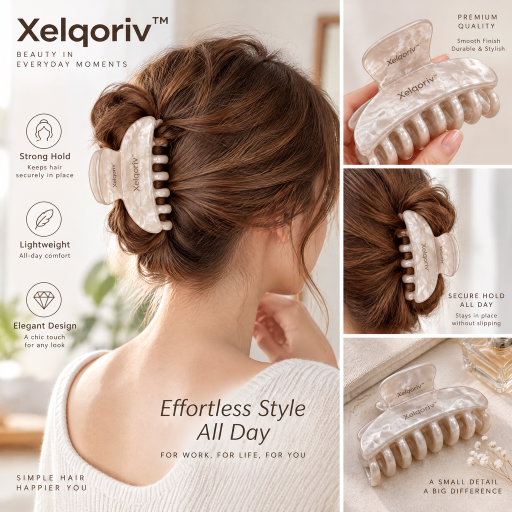 Xelqoriv™ Pearlescent Cream Large Hair Claw Clip, French Acetate Non-Slip Hair Clamp for Women (Thick &amp; Thin Hair)