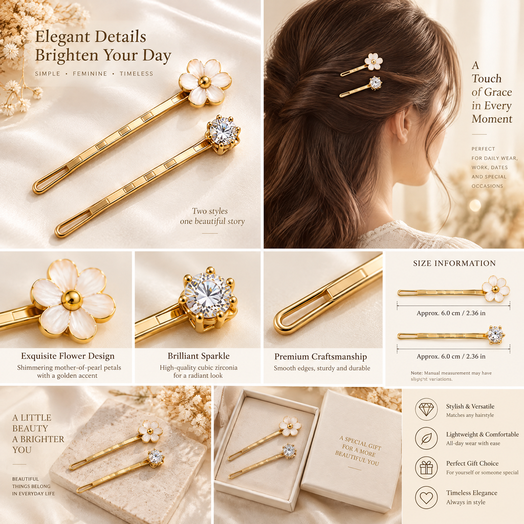 Xelqoriv™ 2-Piece Gold Floral Blossom &amp; Solitaire Crystal Bobby Pin Set