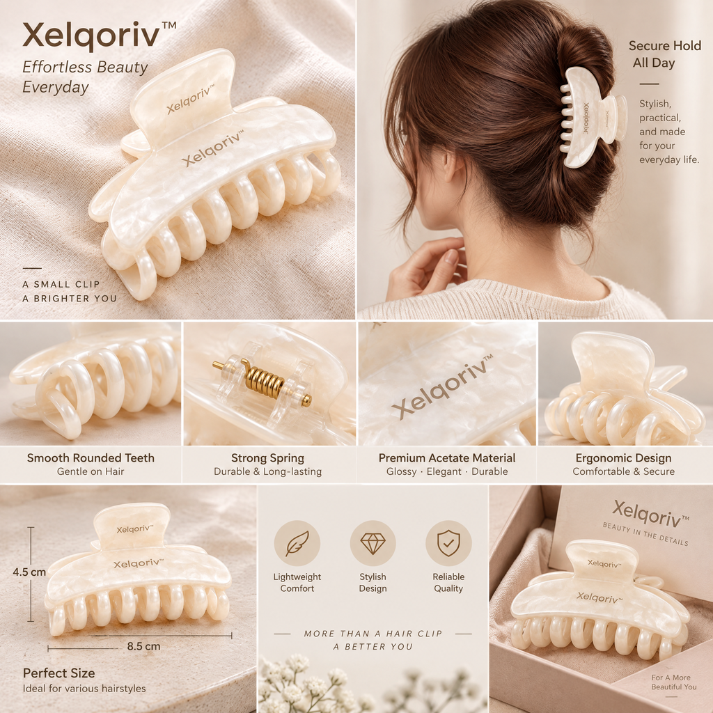 Xelqoriv™ Pearlescent Ivory Hair Claw Clip – Elegant French Style Non-Slip Jaw Clip for Women, Strong Hold Hair Accessory for Thick &amp; Medium Hair