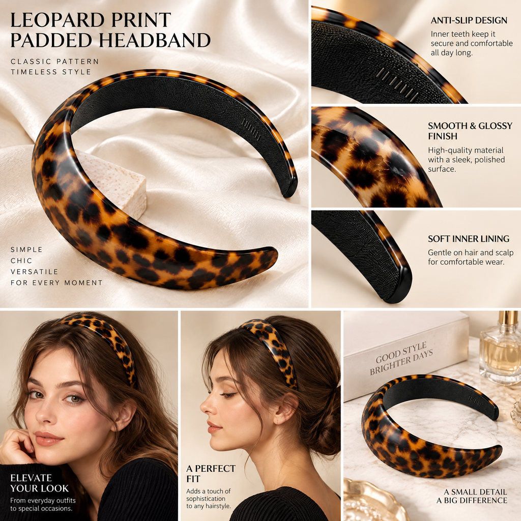 Xelqoriv™ Vintage Leopard Print Wide Headband – Chunky Non-Slip Glossy Resin Hair Band for Women &amp; Girls