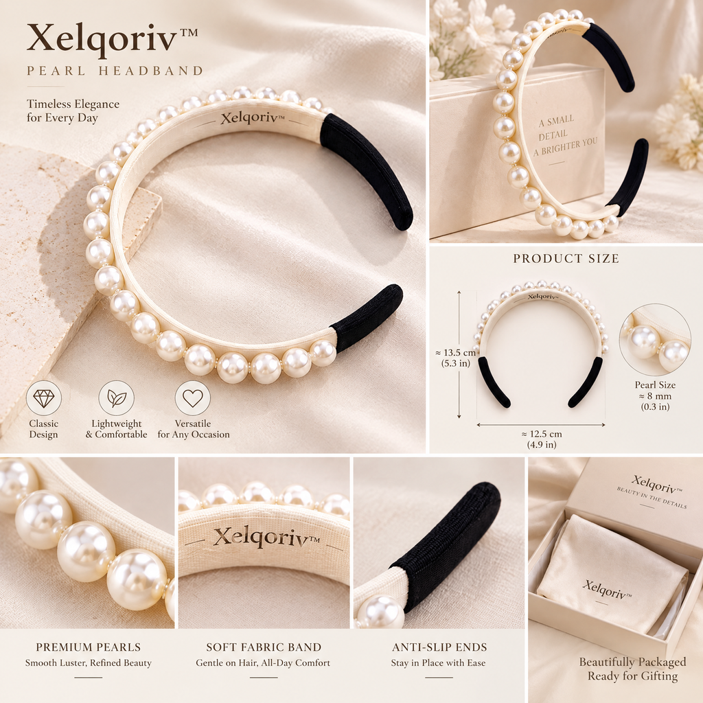 Xelqoriv™ Classic Faux Pearl Padded Headband, Elegant Cream Hair Hoop with Comfort Tips for Women
