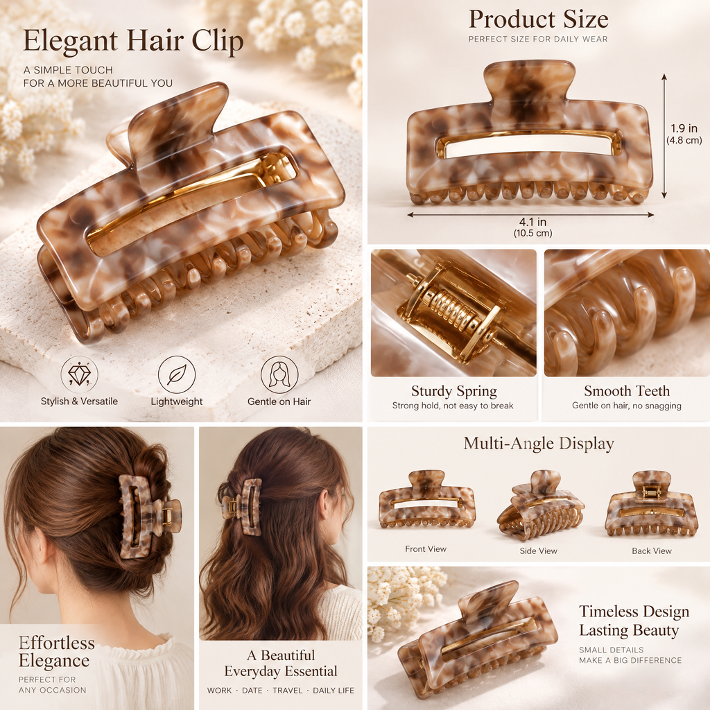 Xelqoriv™ Tortoise Shell Rectangle Hair Claw Clip – Neutral Marble Acrylic Jaw Clip with Strong Hold for Thick &amp; Fine Hair, Non-Slip French Styling Hair Accessory for Women
