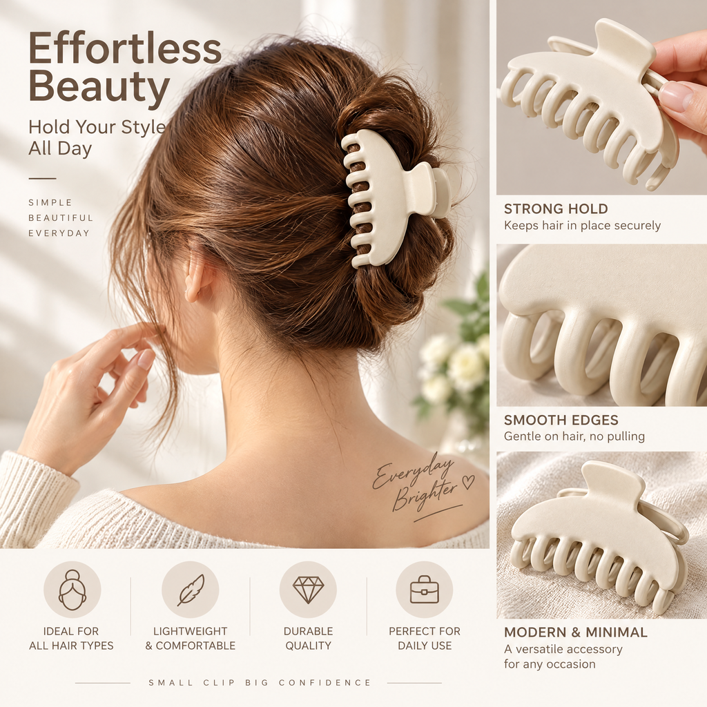 Xelqoriv™ Matte Crescent Hair Claw Clip – Aesthetic Neutral Beige Non-Slip Jaw Clip for Medium to Thick Hair