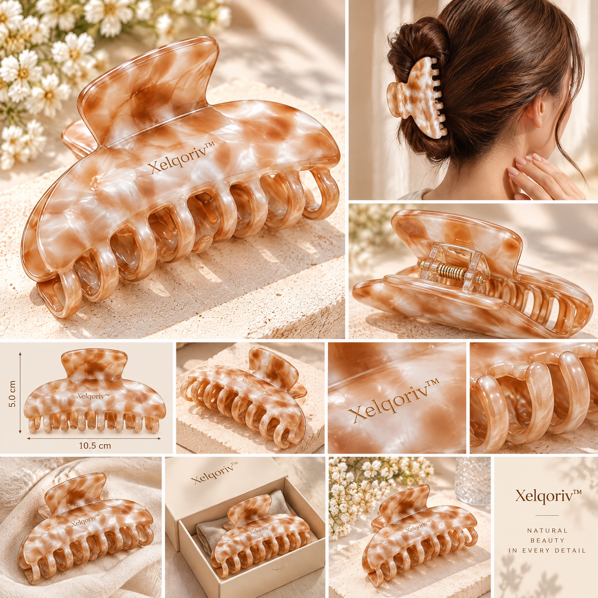 Xelqoriv™ Large French Tortoise Hair Claw Clip – Neutral Latte Swirl Nonslip Jaw Clamp for Thick Hair