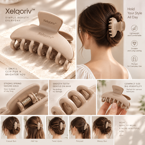 Xelqoriv™ Matte Large Hair Claw Clip – Non-Slip French Design Neutral Jaw Clip for Women &amp; Girls (Warm Beige)