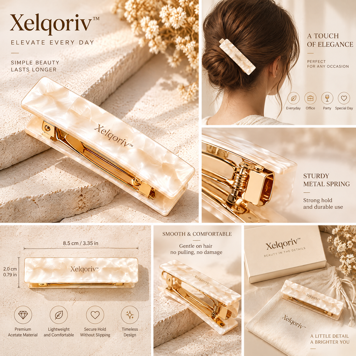 Xelqoriv™ French Hair Barrette – Shimmering Pearlescent Rectangle Hair Clip with Gold-Tone Clasp