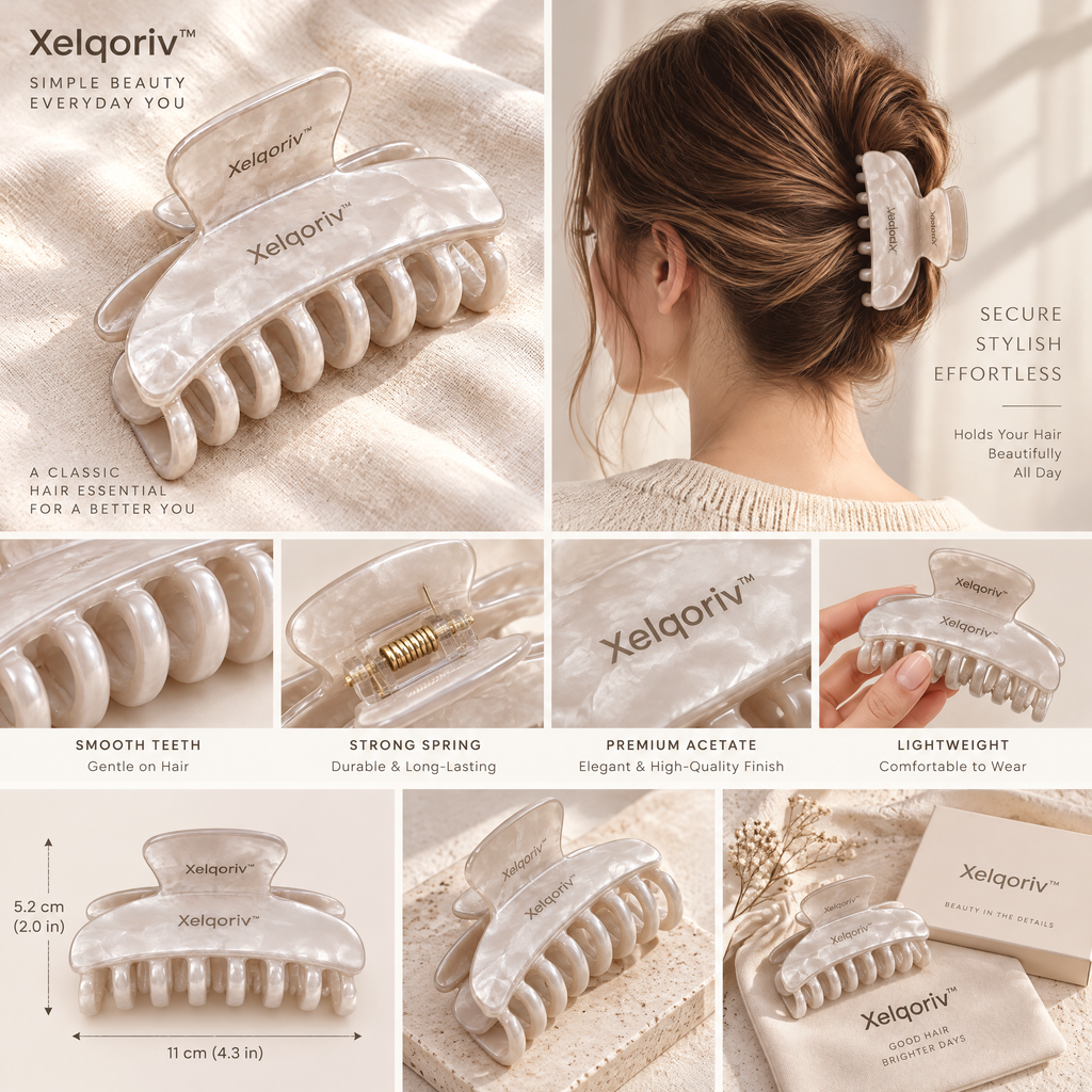 Xelqoriv™ Pearlescent Cream Large Hair Claw Clip, French Acetate Non-Slip Hair Clamp for Women (Thick &amp; Thin Hair)