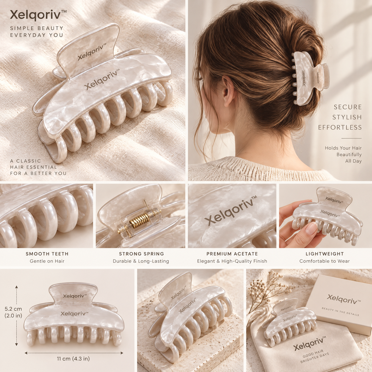 Xelqoriv™ Pearlescent Cream Large Hair Claw Clip, French Acetate Non-Slip Hair Clamp for Women (Thick &amp; Thin Hair)