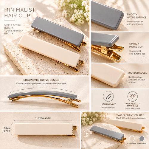 Xelqoriv™ 2-Piece Minimalist Rectangular Hair Clips – Elegant Gold-Tone French Barrette Set in Slate Gray &amp; Cream Nude