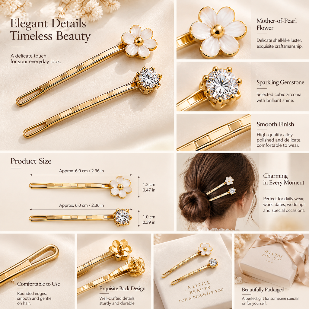 Xelqoriv™ 2-Piece Gold Floral Blossom &amp; Solitaire Crystal Bobby Pin Set