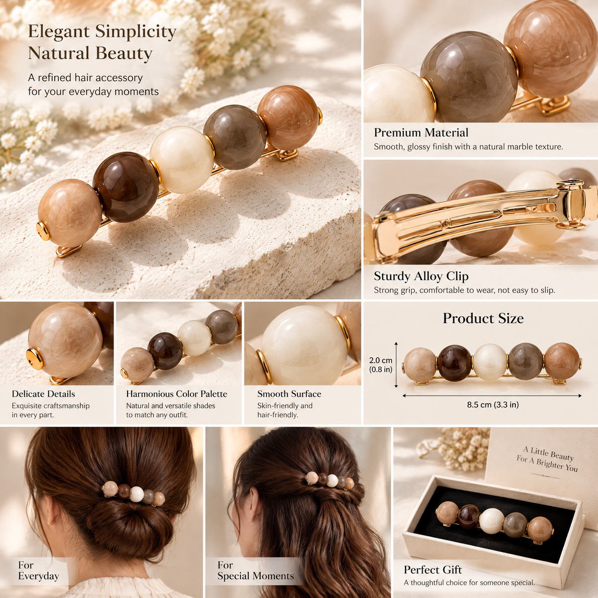 Xelqoriv™ French Chic Marble Resin Bead Hair Barrette – Elegant Earth-Tone Statement Hair Clip for Women