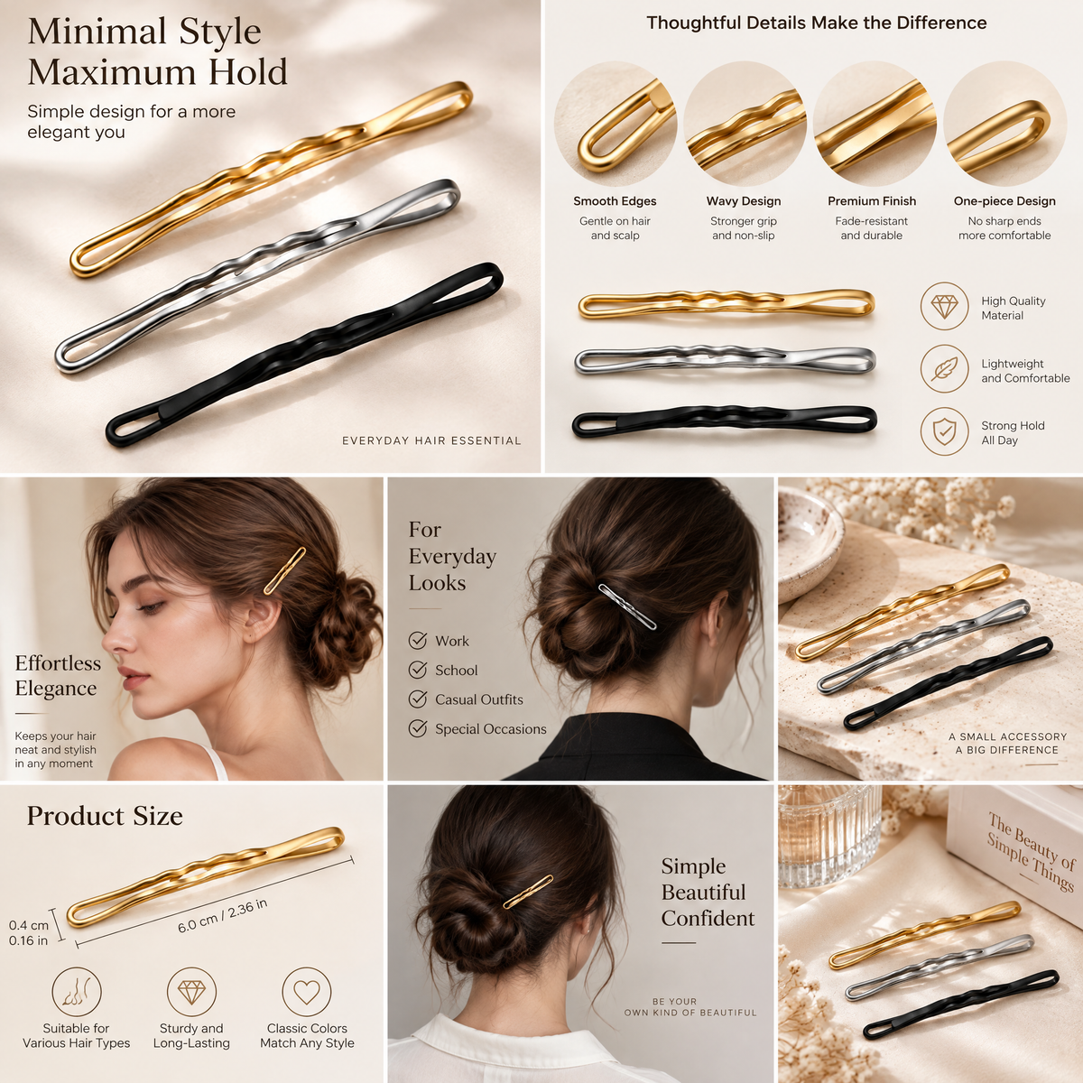 Xelqoriv™ 3-Piece Minimalist Matte Metal Bobby Pins – Non-Slip Wave Contoured Hair Styling Pins for Women &amp; Girls (Gold, Silver, Black)
