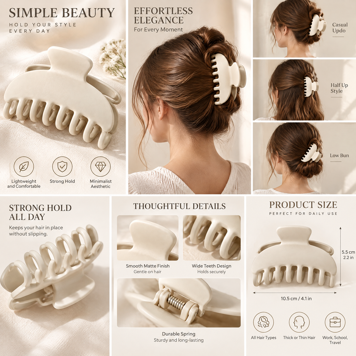 Xelqoriv™ Matte Crescent Hair Claw Clip – Aesthetic Neutral Beige Non-Slip Jaw Clip for Medium to Thick Hair