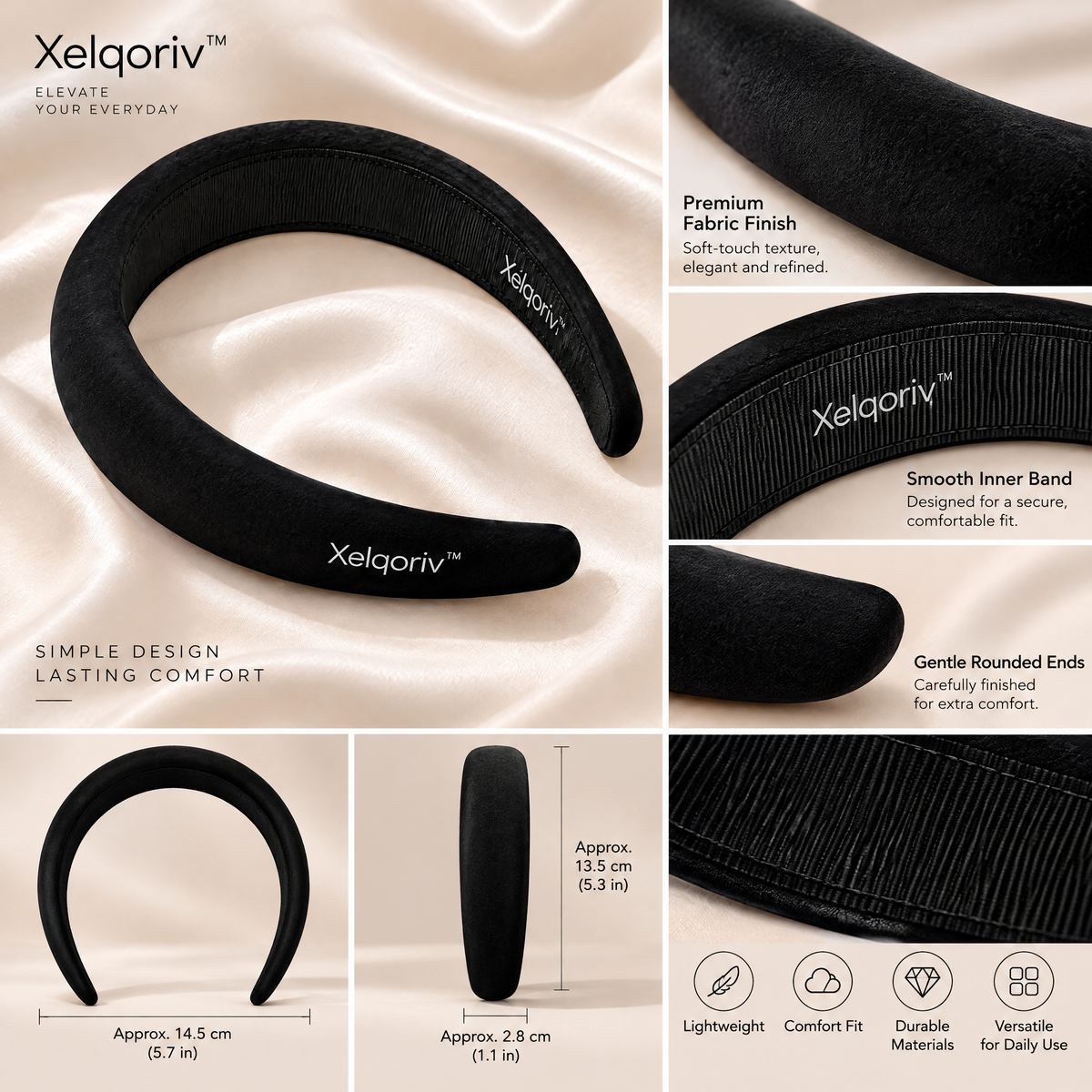 Xelqoriv™ Classic Padded Velvet Headband – Ultra-Soft Non-Slip Chunky Hair Hoop for Women