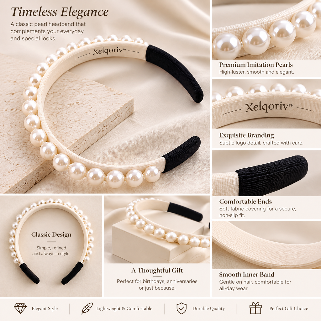 Xelqoriv™ Classic Faux Pearl Padded Headband, Elegant Cream Hair Hoop with Comfort Tips for Women
