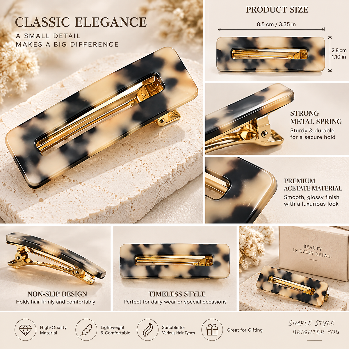 Xelqoriv™ Vintage Tortoise Shell Hair Clip – Minimalist Hollow Rectangle Acetate Barrette with Gold-Tone Alligator Clasp for Women