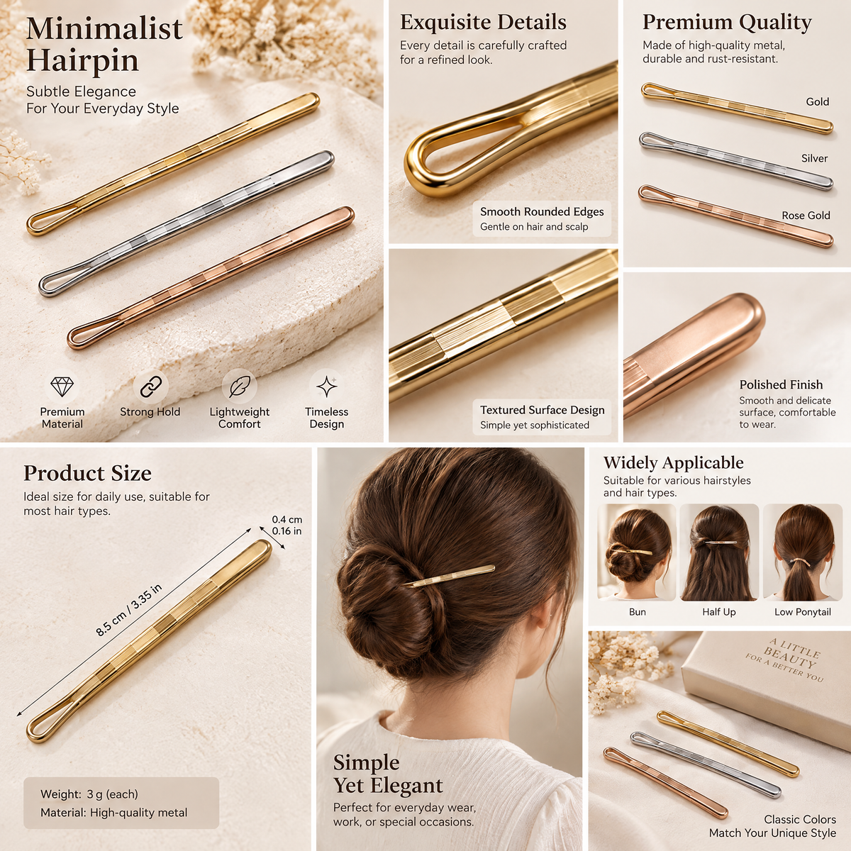 Xelqoriv™ 3-Piece Minimalist Textured Metal Bobby Pins Set – Sleek Geometric Hair Slides in Gold, Silver &amp; Rose Gold