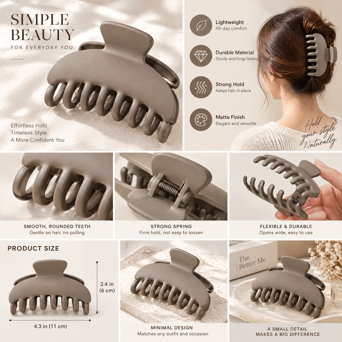Xelqoriv™ Large Matte Half-Moon Hair Claw Clip – Non-Slip Aesthetic Jaw Clip for Thick &amp; Long Hair