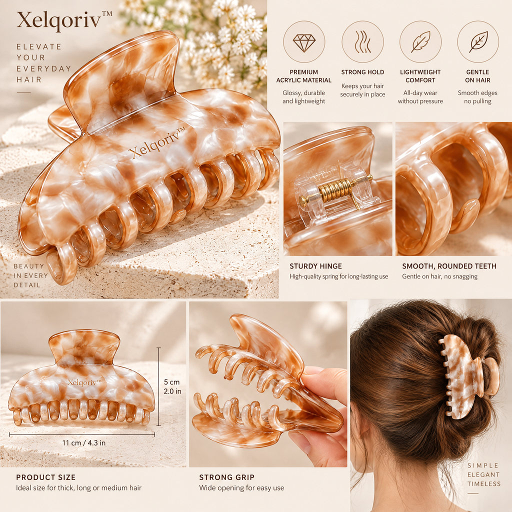 Xelqoriv™ Large French Tortoise Hair Claw Clip – Neutral Latte Swirl Nonslip Jaw Clamp for Thick Hair