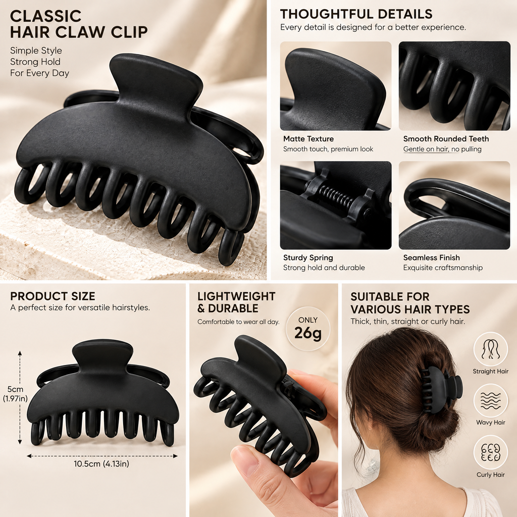 Xelqoriv™ Matte Black Curved Hair Claw Clip – Large Non-Slip French Jaw Clip for Thick &amp; Medium Hair