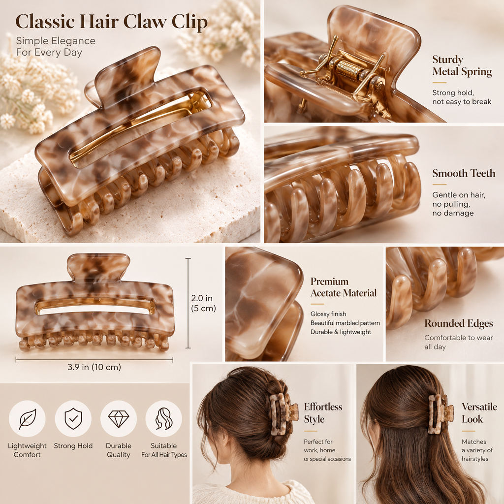 Xelqoriv™ Tortoise Shell Rectangle Hair Claw Clip – Neutral Marble Acrylic Jaw Clip with Strong Hold for Thick &amp; Fine Hair, Non-Slip French Styling Hair Accessory for Women