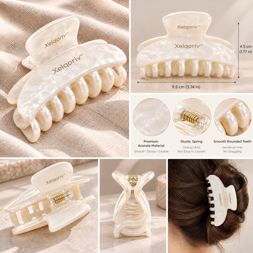Xelqoriv™ Pearlescent Ivory Hair Claw Clip – Elegant French Style Non-Slip Jaw Clip for Women, Strong Hold Hair Accessory for Thick &amp; Medium Hair