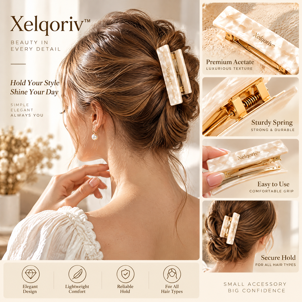 Xelqoriv™ French Hair Barrette – Shimmering Pearlescent Rectangle Hair Clip with Gold-Tone Clasp