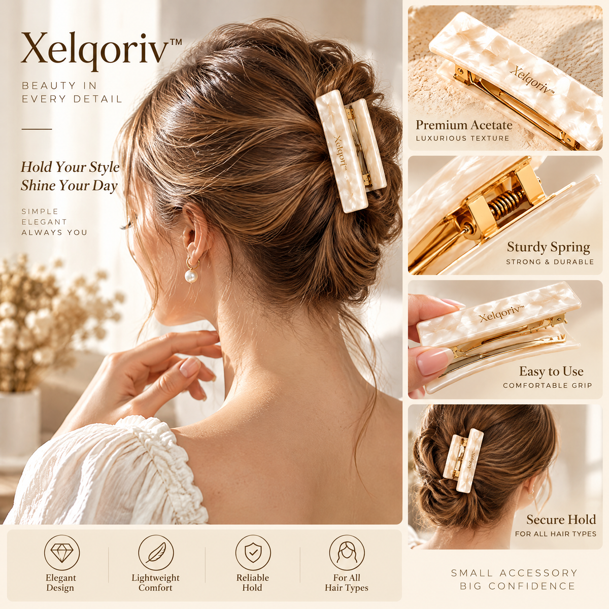 Xelqoriv™ French Hair Barrette – Shimmering Pearlescent Rectangle Hair Clip with Gold-Tone Clasp