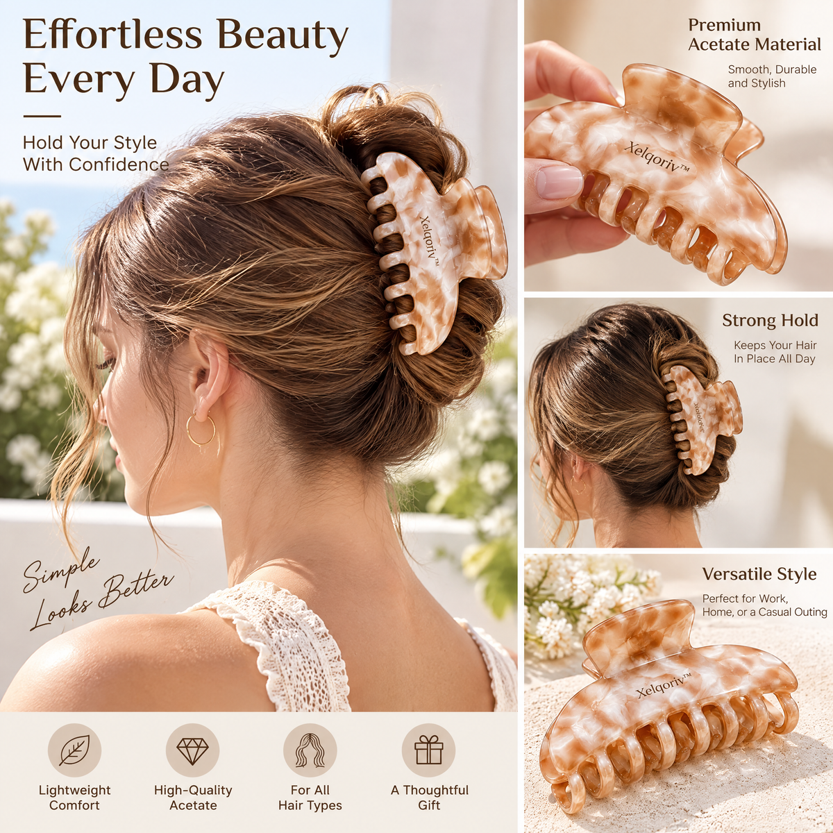 Xelqoriv™ Large French Tortoise Hair Claw Clip – Neutral Latte Swirl Nonslip Jaw Clamp for Thick Hair