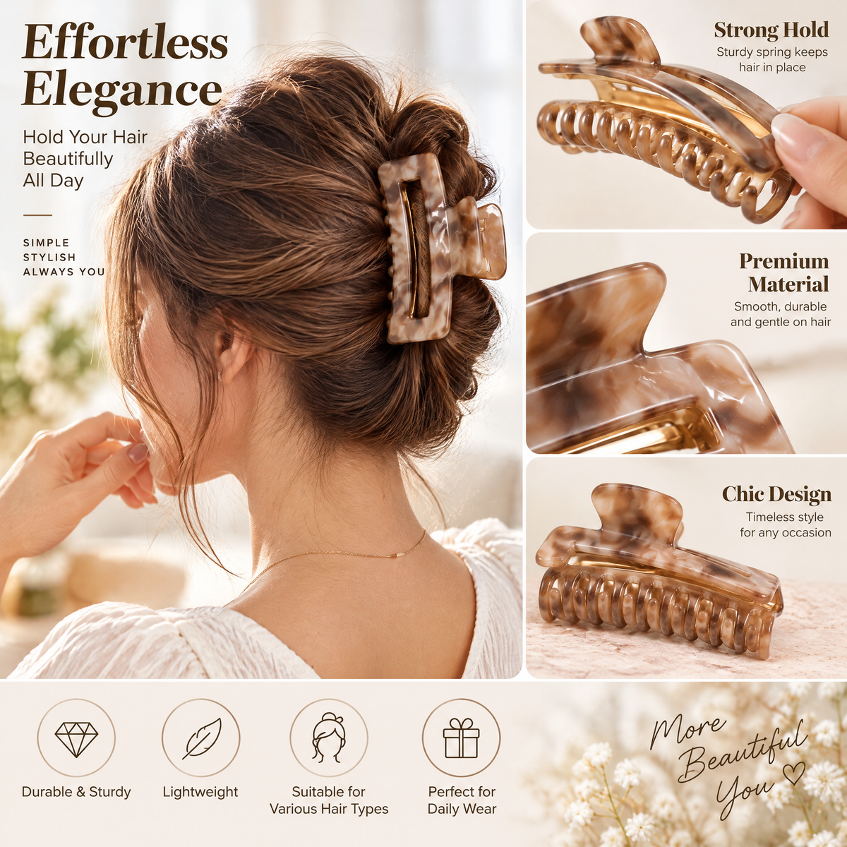 Xelqoriv™ Tortoise Shell Rectangle Hair Claw Clip – Neutral Marble Acrylic Jaw Clip with Strong Hold for Thick &amp; Fine Hair, Non-Slip French Styling Hair Accessory for Women