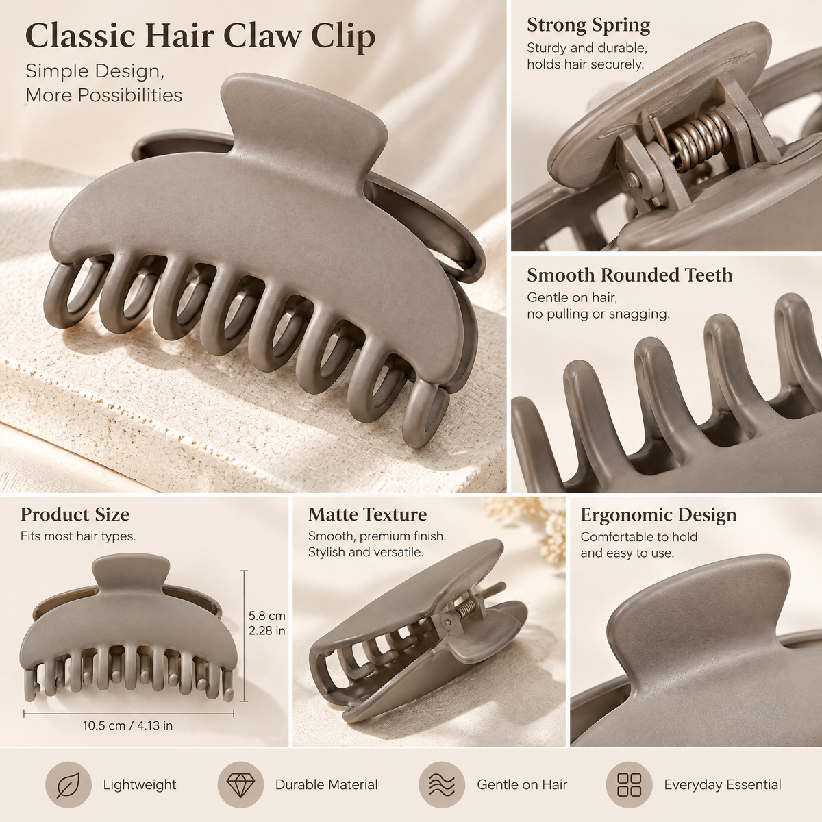 Xelqoriv™ Large Matte Half-Moon Hair Claw Clip – Non-Slip Aesthetic Jaw Clip for Thick &amp; Long Hair