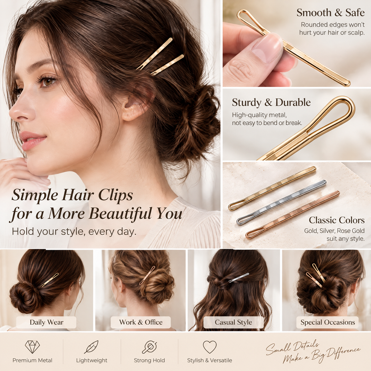 Xelqoriv™ 3-Piece Minimalist Textured Metal Bobby Pins Set – Sleek Geometric Hair Slides in Gold, Silver &amp; Rose Gold