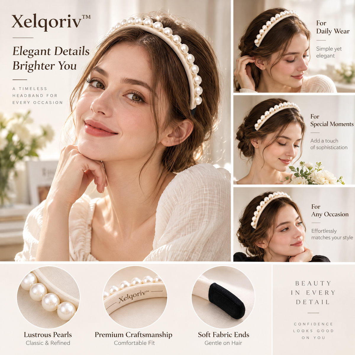 Xelqoriv™ Classic Faux Pearl Padded Headband, Elegant Cream Hair Hoop with Comfort Tips for Women