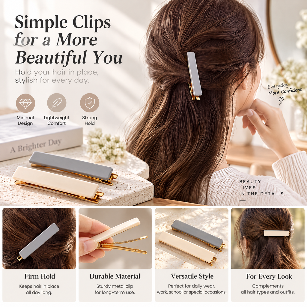 Xelqoriv™ 2-Piece Minimalist Rectangular Hair Clips – Elegant Gold-Tone French Barrette Set in Slate Gray &amp; Cream Nude