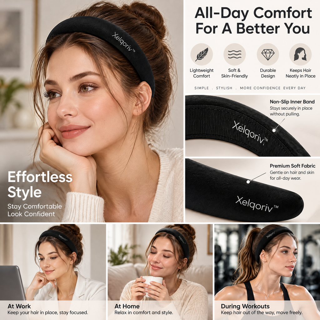 Xelqoriv™ Classic Padded Velvet Headband – Ultra-Soft Non-Slip Chunky Hair Hoop for Women